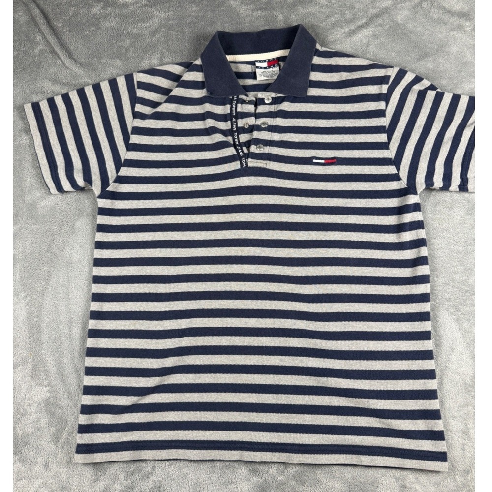 Tommy Jeans 2000s Men's Striped Polo Shirt Navy Gray Small Short Sleeve‎ Logo